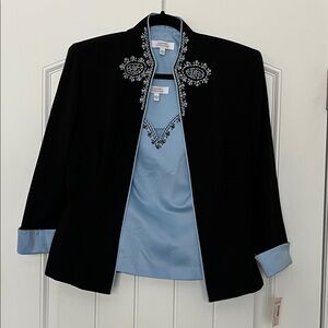 Dressbarn Black Blazer and Baby Blue Sleeveless Top Set with Embroidered Details